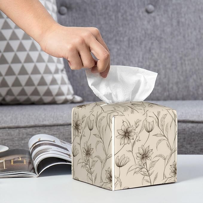 Boho Minimalist Flowers Tissue Box Cover Square, Abstract Line Floral Tissue Box Holder Waterproof Leather Facial Paper Organizer Dispenser for Bathroom Home Car Nightstand Vanity Desk