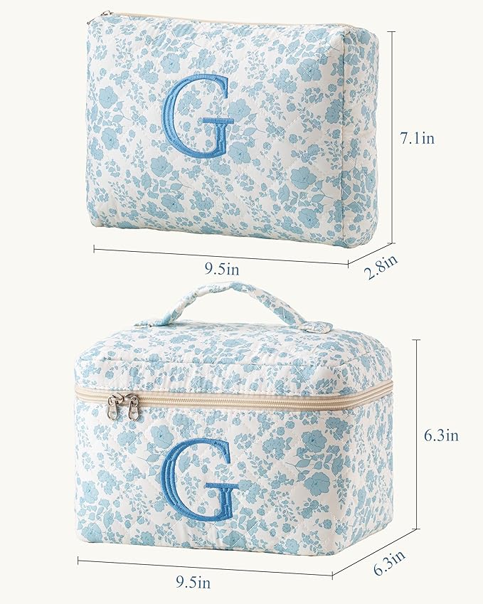 HBselect 2Pcs Initial Makeup Bag, Quilted Makeup Bag, Cotton Large Travel Makeup Bag, Cute Floral Coquette Make up Bag Cosmetic Bag Toiletry Bag for Women Girls G