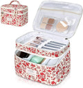 Makeup Bag, Portable Travel Make up Bag, Large Capacity Quilted Cosmetic Organizer Bag, Cute Floral Toiletry Bag for Women Girls (Bright Pink Rose)