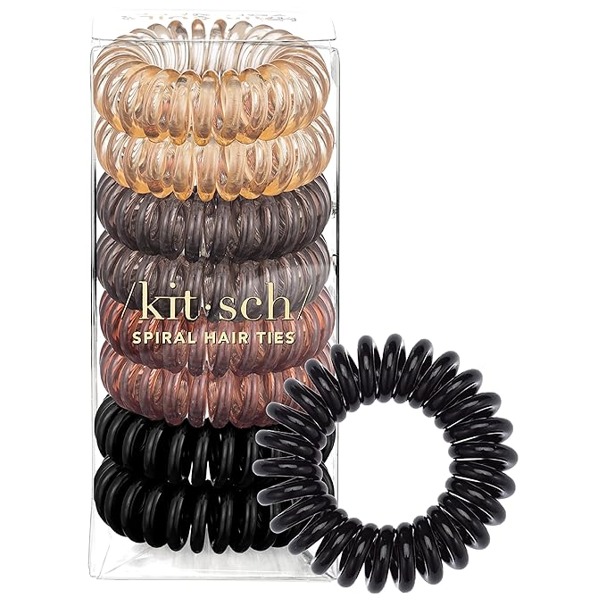 Kitsch Spiral Hair Ties for Women – Coiled Plastic Hair Ties No Damage, Ponytail Holders for Thick and Thin Hair – Creaseless and Dent-Free, Phone Cord Style | Ideal Gifts for Women - Brunette, 8 Pcs