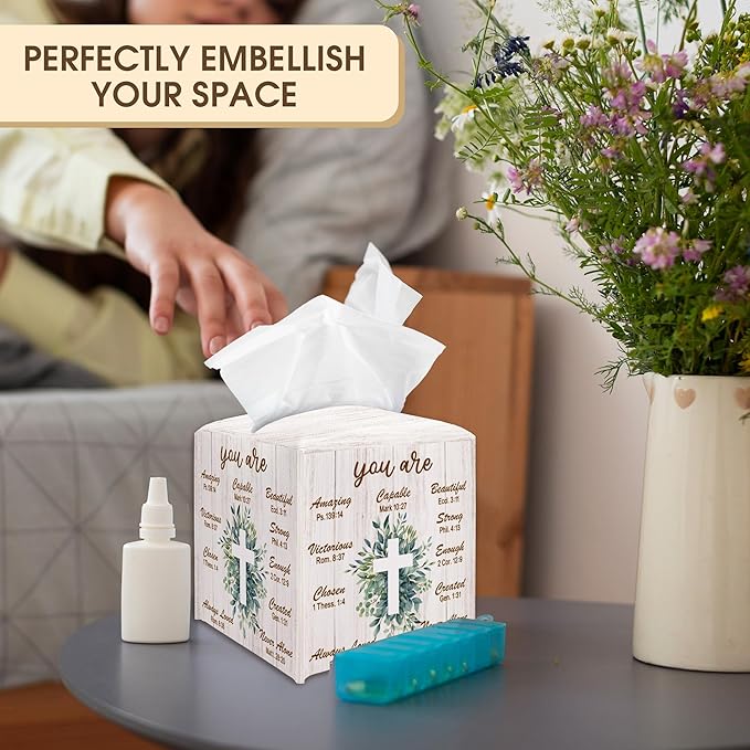 Bible Verse Decorative Tissue Box Cover Square, Leaves Tissue Box Cover Holder, Religious Faith Gift Ideas for Family Friends, Home Dining Table Decor-(5.2 Inches) A02