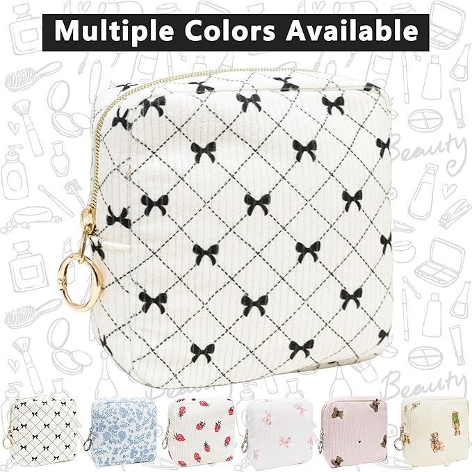 Period Bag for Girls, Corduroy Sanitary Napkin Storage Bag, Period Pouch & Tampon Holder, Feminine Care Organizer（Black Bow）