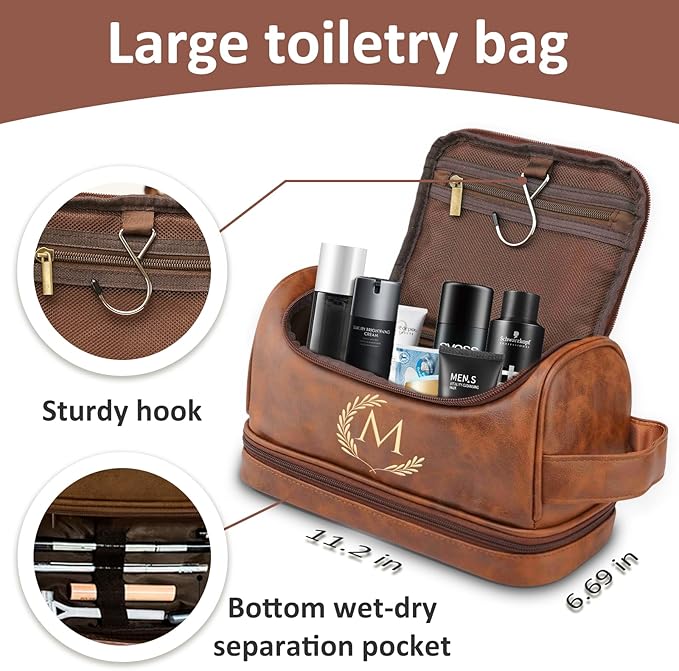 Personalized Leather Toiletry Bag For Men, Engraved Initial Travel Toiletry Bag for Men, Travel kit for Him, Ideal Gift for Him Dad Father Son Husband Grandpa Lover Christmas Anniversary Birthday(Q)