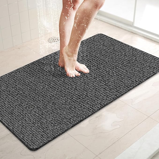 LuxStep Shower Mat Bathtub Mat,32x16 inch, Non-Slip Bath Mat with Drain, Quick Drying PVC Loofah Bathmat for Tub,Shower,Bathroom,Black