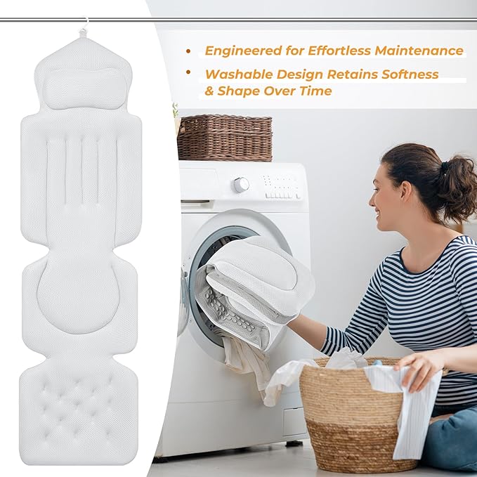 Bath Pillow for Tub, Full Bath Cushion for Tub with 192 Strong Suction Cups, Ergonomic Bathtub Pillow for Neck Back Legs, Soft Air Mesh Quick Drying Spa Bath Pillow Fits All Bathtub Types, White