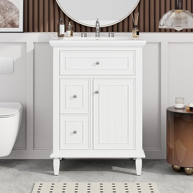 Harper & Bright Designs 24" Bathroom Vanity with Sink, Free Standing Single Basin Vanity Set with Tip-Out Drawer, 2 Drawers, and One Door, Wood Bathroom Cabinet with Ceramic Basin for Bathroom, White