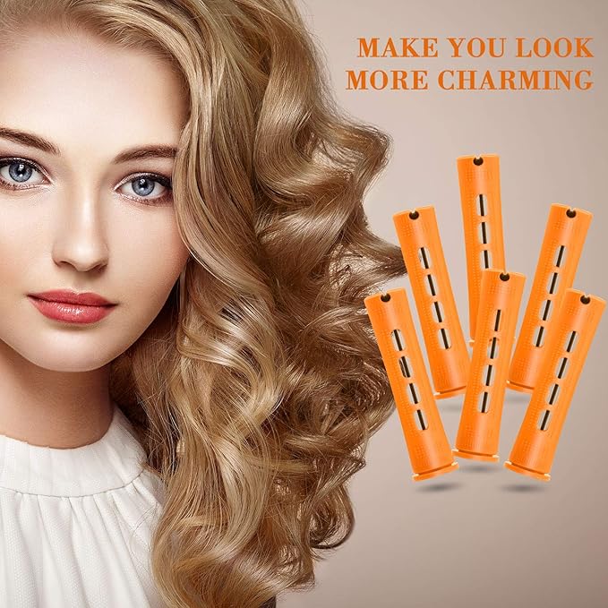 Chuangdi 24 Pcs Hair Perm Rods Plastic Cold Wave Perming Curlers Hair Rollers with Steel Pintail Comb Rat Tail Comb Tools for Hairdressing Styling(Orange,0.87inches)