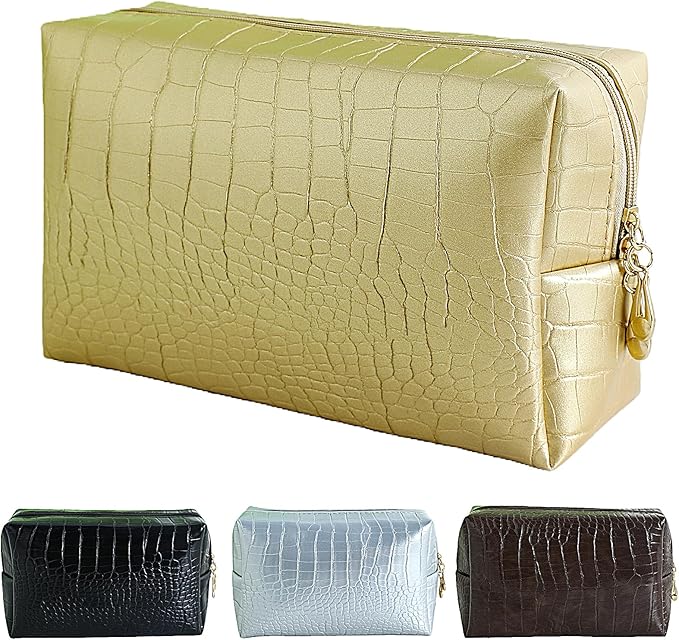 Makeup Bag for Purse, Compact Toiletry Pouch, Crocodile-Embossed Cosmetic Travel Bag, Small Makeup Pouch, Unisex Toiletry Travel Bag