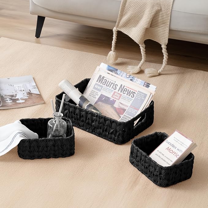 GRANNY SAYS Wicker Baskets for Organizing, Wicker Storage Basket for Shelf, Woven Baskets Oraganizer, Waterproof Vanity Basket for Towel, Home Organization, Black, 3-Pack