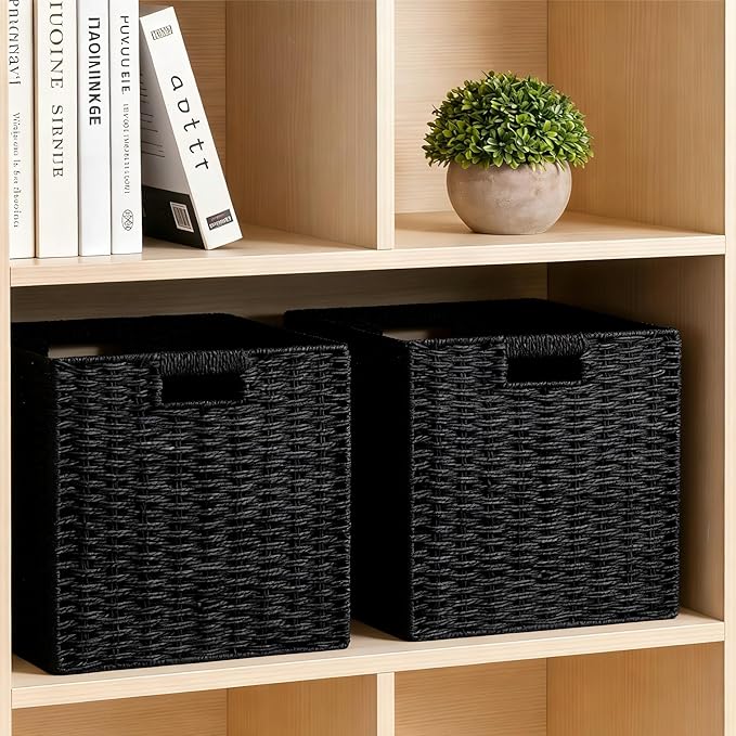UBBCARE 4 Pack Wicker Basket, 11L×11H×10.5W inch Woven Paper Rope Storage Baskets for shelves, Foldable Cube Storage bin with Handle, Storage Basket for Organizing & Decor, Black