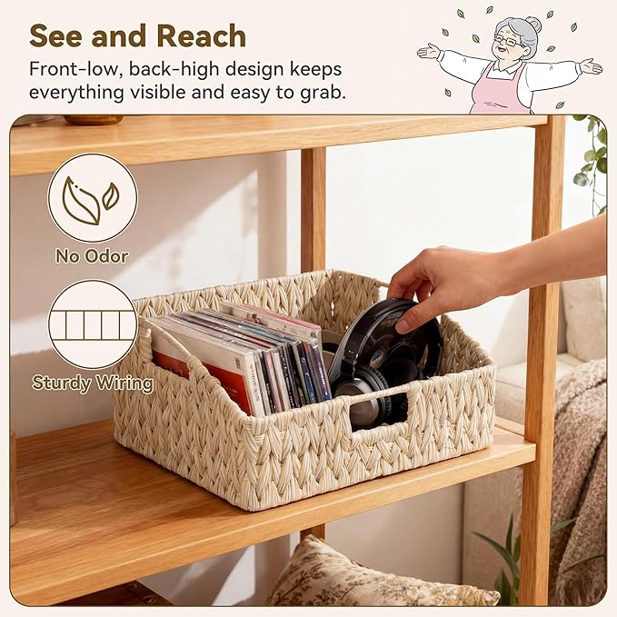 GRANNY SAYS Wicker Storage Baskets for Shelves, Large Wicker Basket with Handles, Trapezoid Woven Baskets for Storage, Decorative Basket for Home Decor, Butter Milk