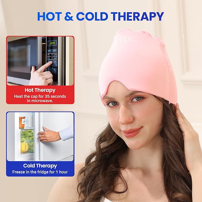Migraine Relief Cap Gel Ice Head Wrap - Hot & Cold Therapy Soothing Headache Hat Ice Pack Mask, Headache Relief Wrap for Tension, Stress, Hangover&Puffy Eyes,Black&Pink, 2PC((Gift Eye Mask))