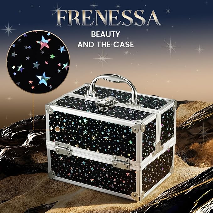 FRENESSA Makeup Train Case 8.85 Inch Portable Makeup Case Organizer Cosmetic Box Make Up Box Makeup Organizer Cosmetic Storage Cases with Locking Nail Kit Organizer Small Travel Case Shiny Star