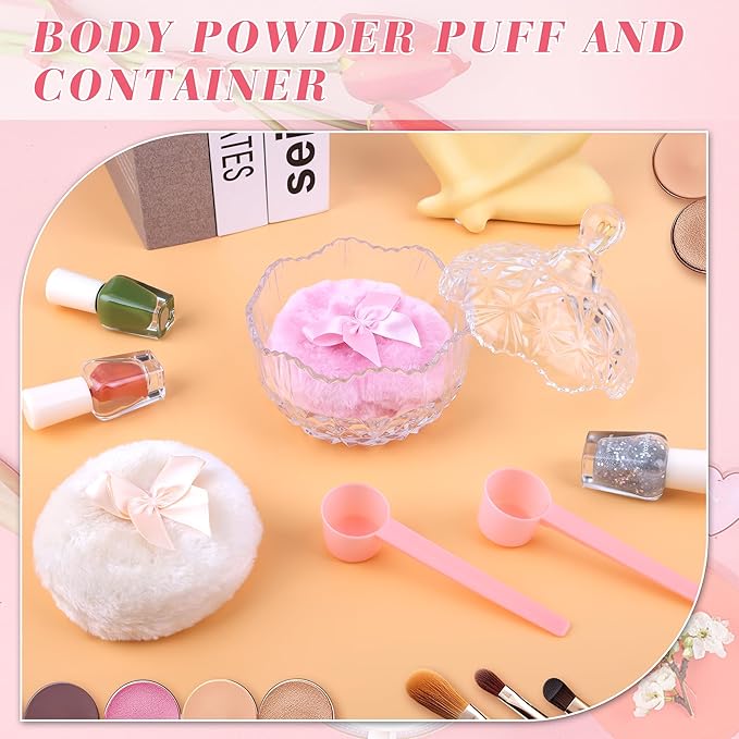 Coolrunner 5PCS Body Powder Puff and Container, Crystal Clear Powder Container with Powder Spoon, Dusting Powder with Puff for Women, Washable Reusable (Transparent)