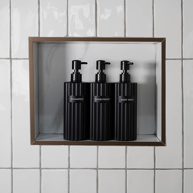 Stylish Shampoo and Conditioner Dispenser Set of 3 - Modern 19oz Shower Soap Bottles with Pump and Labels - Easy to Refill Body Wash Dispensers for an Instant Bathroom Decor Upgrade
