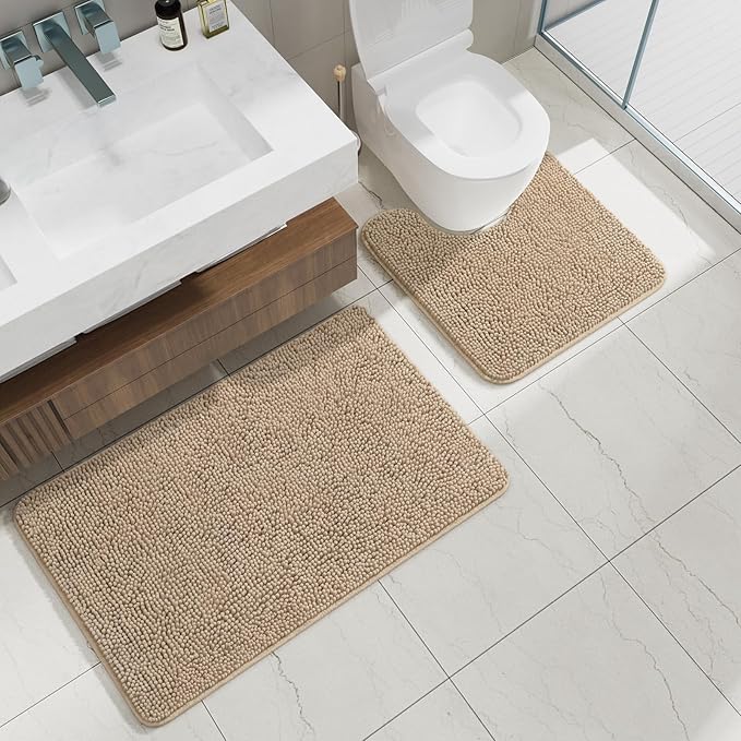 AROGAN Bathroom Rug Sets 2 Piece, 20"x20" U-Shaped Toilet Mat and 21"×34" Bath Mats Floor Set, Washable Bath Rug, Absorbent Soft Non Slip Bathroom Rug Set, Beige