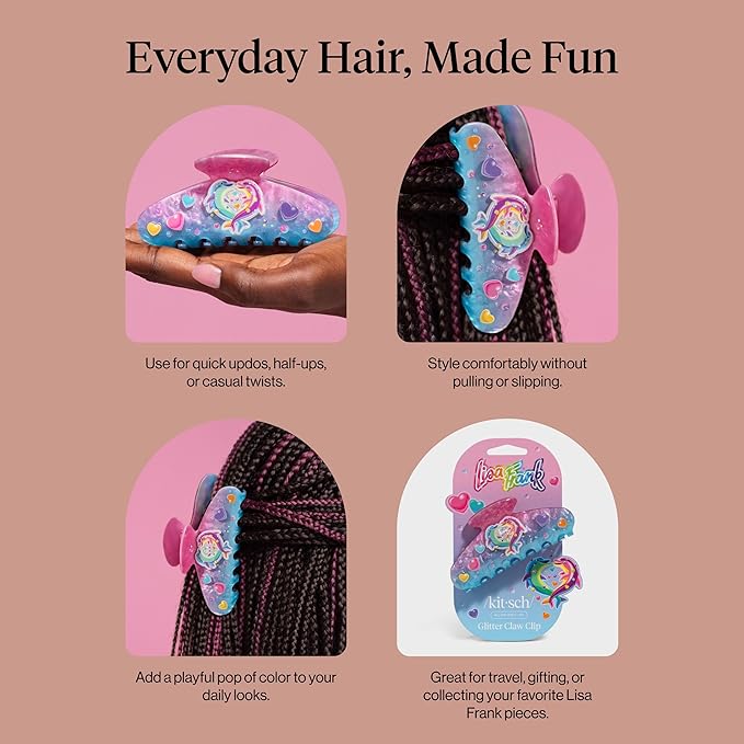 Lisa Frank x Kitsch Glitter Hair Clip for Women – Secure Hold Claw Clip | Sparkly Hair Accessories with Strong Grip, Recycled Acrylic | Ideal Gifts for Women - Dancing Dolphins