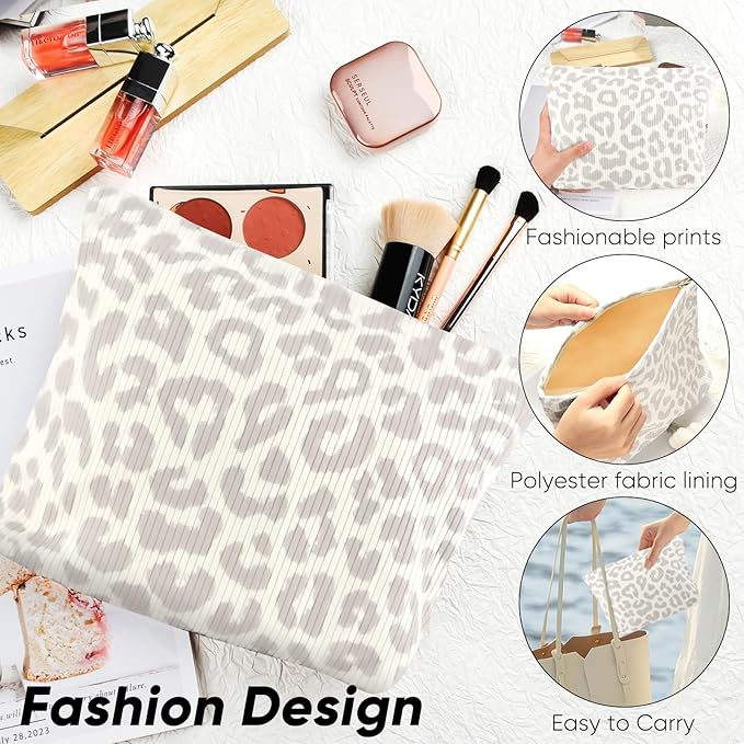 Makeup Pouch for Women Small Make Up Bag for Purse Zipper Initial Makeup Cosmetic Bags Pouches for Purse Aesthetic Travel Toiletry Bags, Grey Leopard Pattern