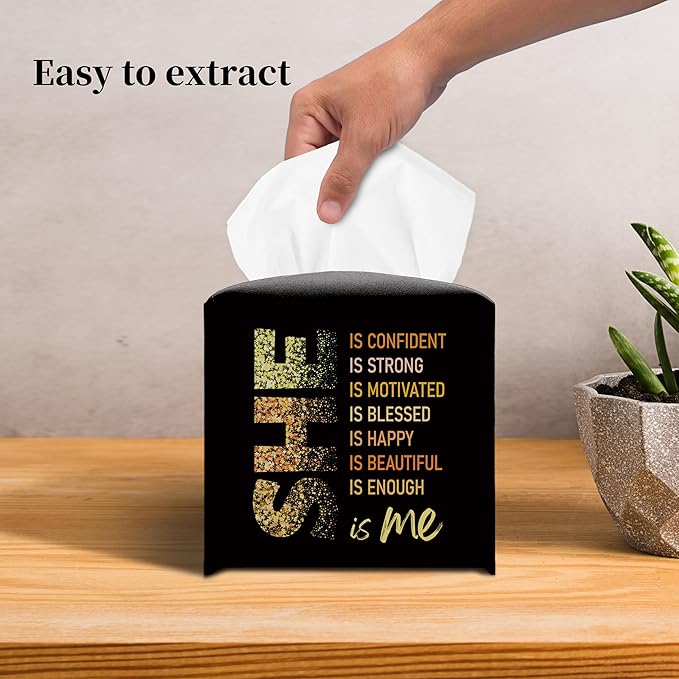 Grace Yonks Cute Tissue Box Cover Square - “SHE Is Me” Empowering Quote in Glitter Gold on Black Design 5.2" PU Leather Holder for Vanity, Desk, or Bathroom Counter - Cube Case for Facial Tissues(022)