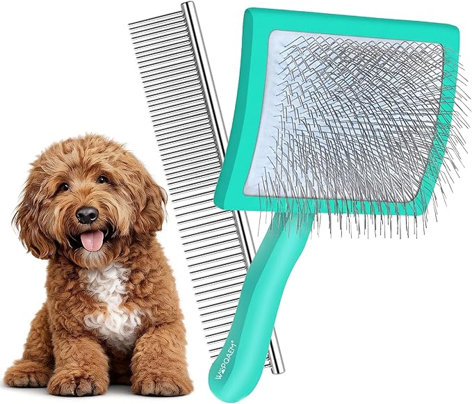 Slicker Brush for Dogs, Large Dog Brush to Long Haired Dogs for Poodles Doodles Goldendoodles Bernedoodles, Long Pin Grooming Kits to Dematting & Reducing Tangles and Fluff, Green
