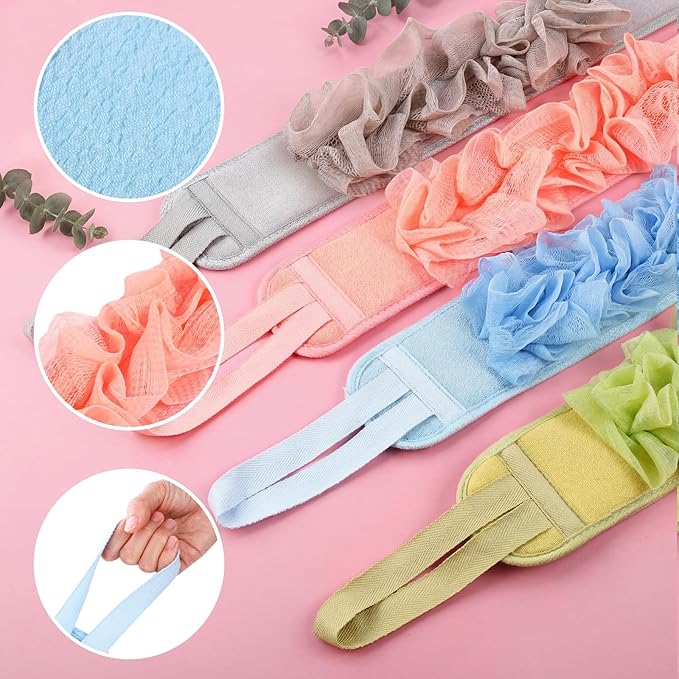 4 Pcs Exfoliating Back Scrubber for Shower Double Sided Exfoliating Washcloth with Strap Long Body Scrub Sponge Shower Loofah with Handle for Women Men Body Washing