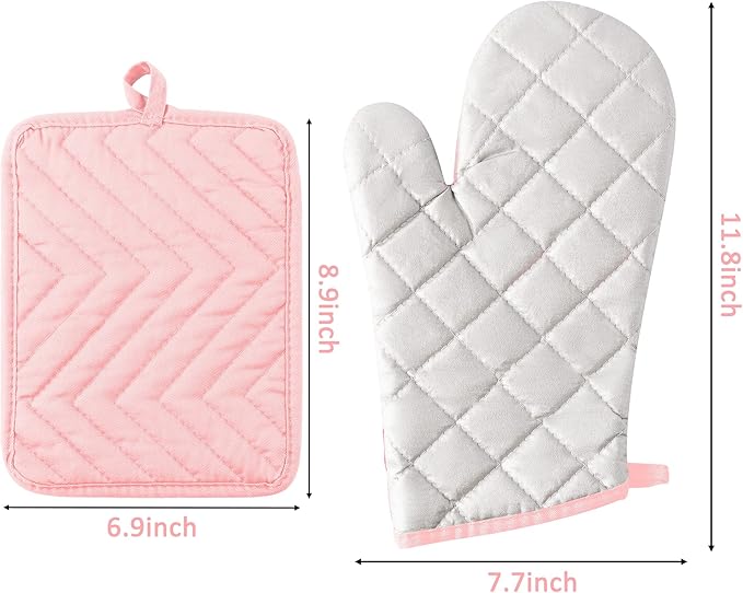 GROBRO7 6Pcs Cotton Oven Mitts and Pot Holders Set Heat Resistant Hot Pads Durable Pocket Pot Holder Machine Washable BBQ Gloves with Hanging Loop for Safe Kitchen Baking Cooking Grilling Pink