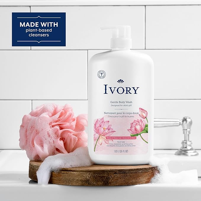 Ivory Body Wash, Designed for the Whole Family, Gentle Formula, Free of Dyes Heavy Perfumes Parabens Phthalates & Silicones, Designed for Skin's pH, Water Lily Scent, 35 oz