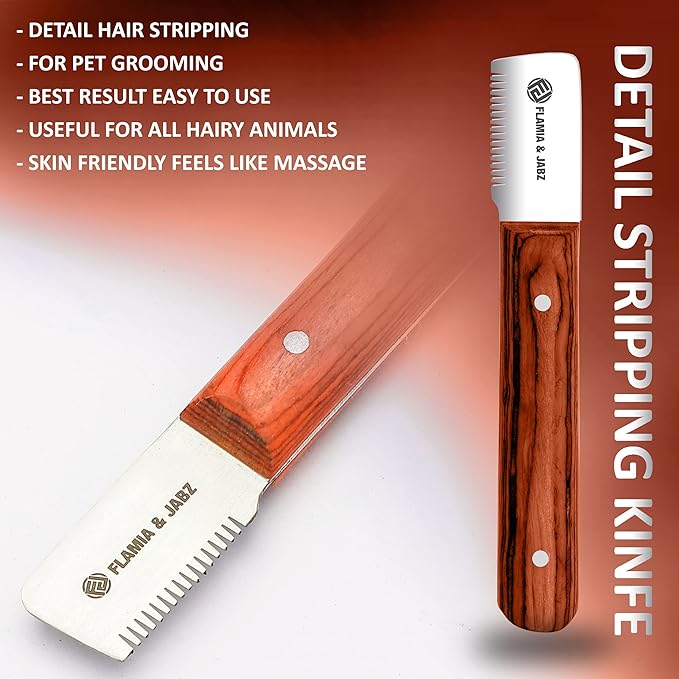 FLAMIA & JABZ FJ Professional Stripping Knife kit (6 pieces set) for Dogs & Pets, Wooden Handle Grip with Stainless Steel Blade (Right handed) (Orange)