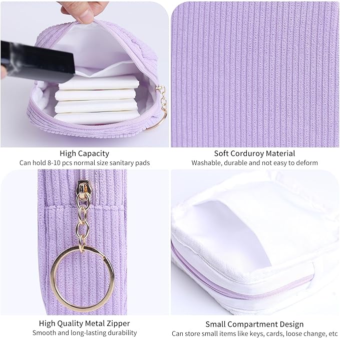 Sanitary Napkin Storage Bag, Preppy Corduroy Period Bag for Women, Cute Portable Period Pouch with Zipper, Sanitary Pads Bag Tampons Holder for Purse, First Period for Women Ladies