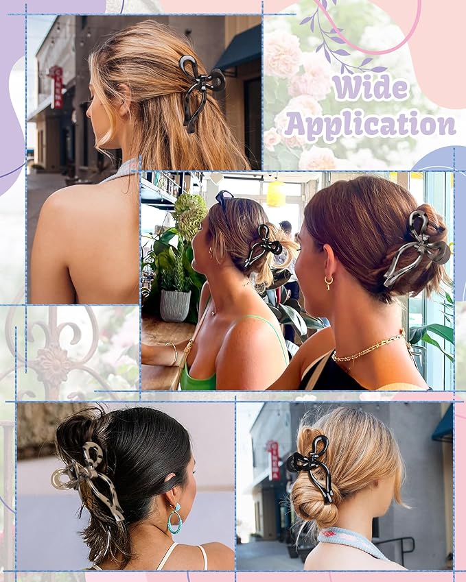 4 PCS Bow Hair Clips Bow Claw Clip for Women Nonslip Large Hair Claw Clips for Thin and Thick Hair Strong Hold Hair Bows (Black+Leopard Print)