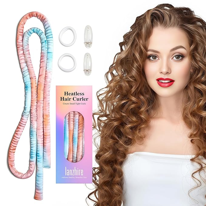 Lanzhire No Heat Curling Headband for Overnight Curls - Small Curling Rod for Long & Short Hair, Tie Dye Orange