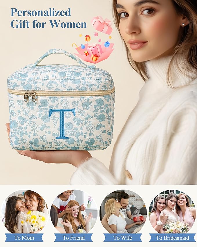 HBselect Initial Quilted Makeup Bag, Cotton Large Travel Makeup Bag, Cute Floral Coquette Make up Bag Cosmetic Bag Toiletry Bag for Women Girls T