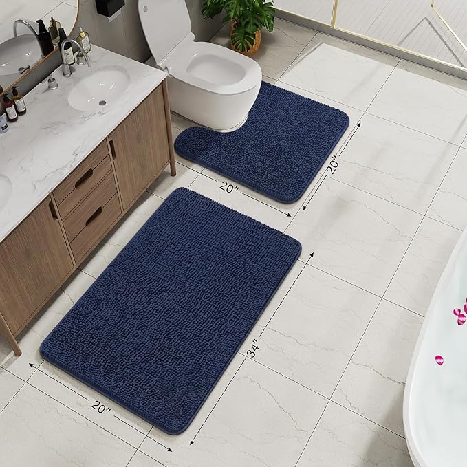 AROGAN Bathroom Rug Sets 2 Piece, 20"x20" U-Shaped Toilet Mat and 21"×34" Bath Mats Bathroom Floor Set, Washable Bath Rug, Absorbent Soft Non Slip Rug Set, Navy Blue