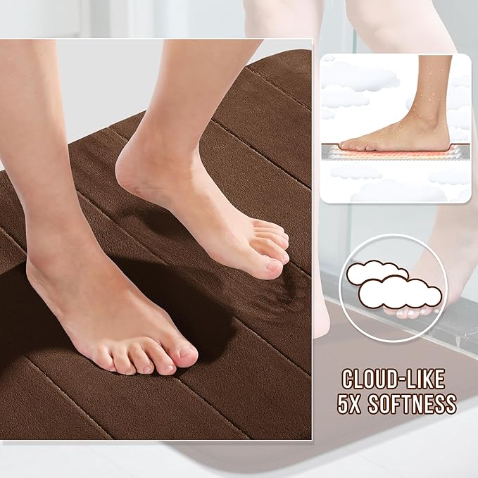 Yimobra Large Bath Mat Set 2 Piece- Super Soft Absorbent Quick Dry Memory Foam Bathroom Rugs, Machine Washable Non Slip Floor Carpet for Tub Shower & Double Vanity (17x24 & 44x24, Brown)