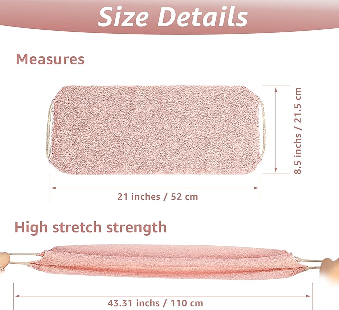 Extended Exfoliating Back Scrubber with Handles, Nylon Cleaning Exfoliator Washcloth for Body, Stretchable Pull Strap Soft Quick-Drying Rough Scrub Towel, Pink