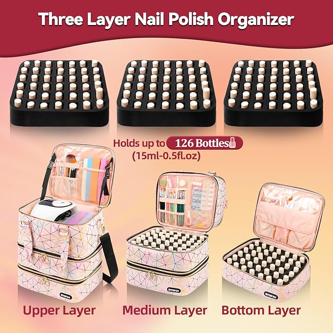 Nail Polish Organizer Bag Holds 126 Bottles (15ml/0.5fl.oz)& Nail Lamp, 3 Layers Detachable Nail Kit Storage Case PU Leather, Large Travel Nail Supplies Shoulder Bag for Manicure Tools (Pink)