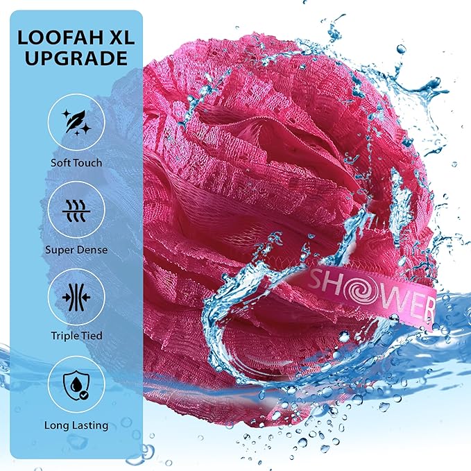 Loofah-Bath-Sponge Hot-Lacey-Mesh // 4-Sexy-Lace-Colors by Shower Bouquet / 2-Scrubs-in-1 Large Full 60g Pouf Body Luffa Loofa Loufa Puff - Exfoliate, Cleanse Skin with Luxurious Bathing Accessories