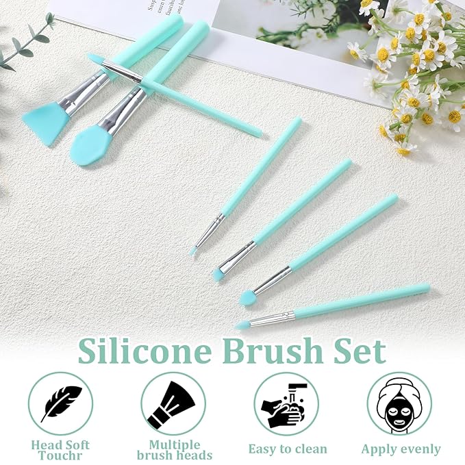 cobee 7 Pcs Silicone Brush Applicator Kit, Silicone Paint Brush Makeup Brush, Face Mask Applicator Jelly Brush Eye Cream Applicator Tool for Sleeping Mask, Mud Mask, Body Lotion And Body Butter(Green)