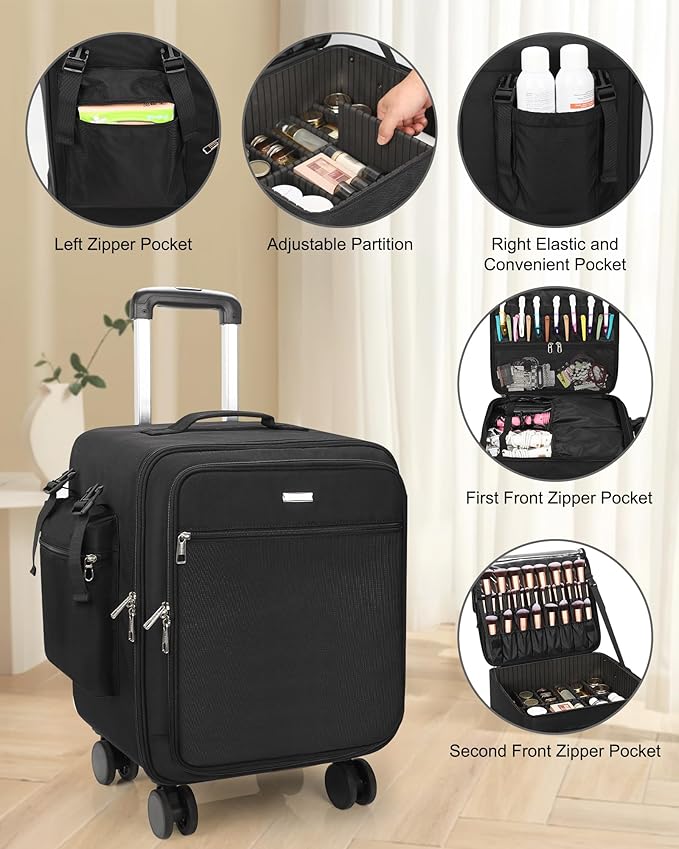 Relavel Rolling Makeup Case Professional Makeup Train Case, Rolling Makeup Kit Bag Makeup Artist Travel Bag with Wheels, 4-in-1 Portable Travel Beauty Trolley Case for Cosmetology Storage(Black)