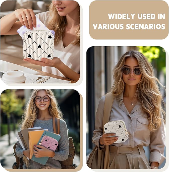 Period Bag for Teen Girls, Corduroy Hearts Sanitary Napkin Storage Bag, Cute Menstrual Pad Pouch Tampon Holder for Purse (Hearts-Beige)