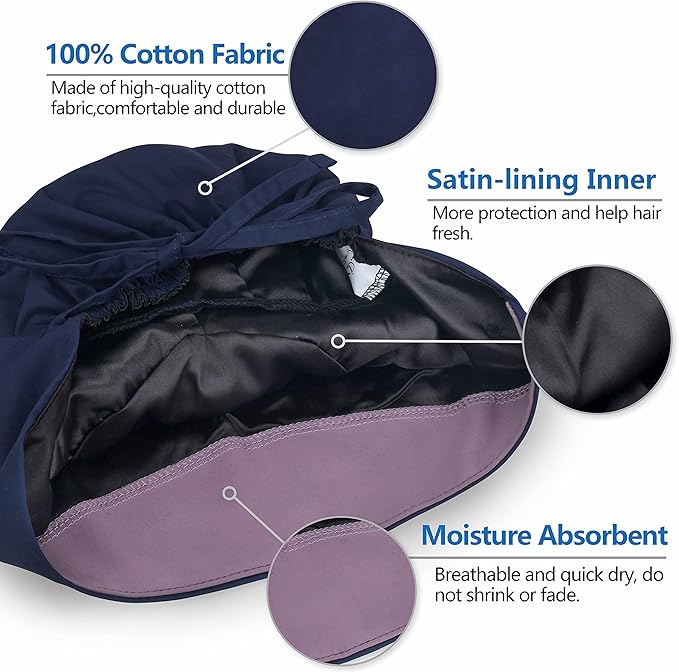 QBA Adjustable Working Cap with Button, Satin-Lined Hat, Cotton Working Hat Sweatband, Elastic Tie Back Hats Unisex