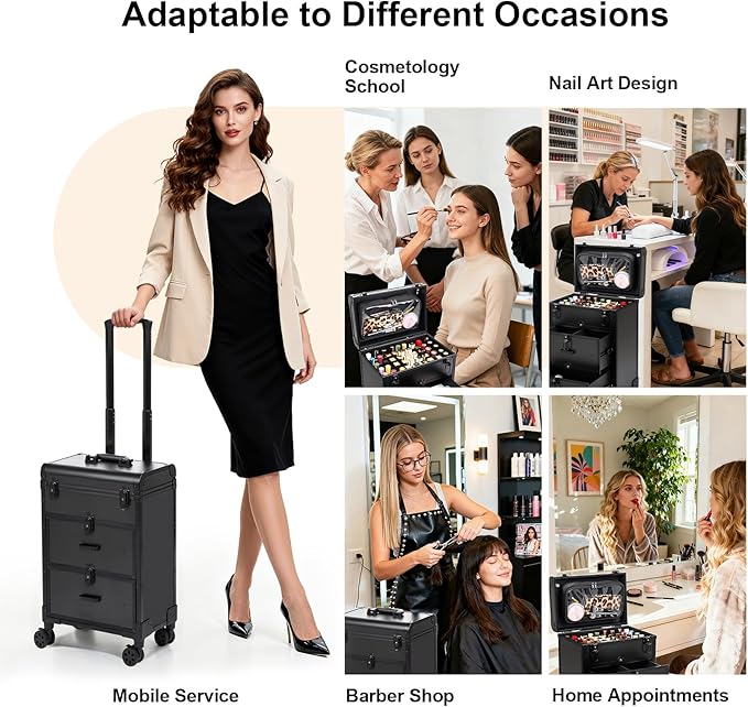 3 in 1 Rolling Makeup Case, Professional Cosmetology Case on Wheels with 2 Drawers, Ideal Gift for Hairstylist, Nail Techs, 3 Tiers Portable Beauty Organizer Case for Travel or Salon Use, Black