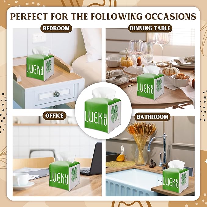 St. Patrick's Day Lucky Clover Design Tissue Box Cover - Green PU Leather Waterproof Tissue Holder - Facial Paper Organizer for Home Bathroom Office -Desk Holiday Decorative Dispenser Box-B07