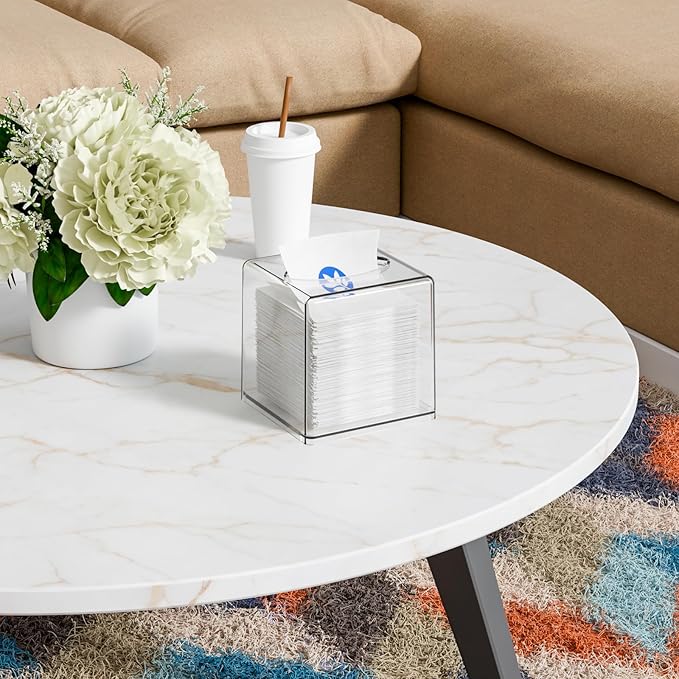 Clear Roll Tissue Box Holder with Cover Facial Tissue Dispenser Box Case for Countertop,Clear Plastic Dryer Sheet Container Napkin Organizer for Bathroom Kitchen Home,Square