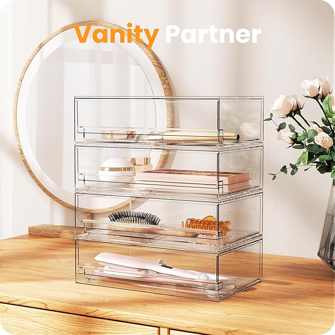 A-LuGei 【𝟮𝗣𝗖𝗦】 Acrylic Stackable Storage Drawers, 11.8" W Makeup Organizer, Bathroom Organizer and Storage, Plastic Storage Bins for Kitchen Cabinet Pantry Medicine Fridge
