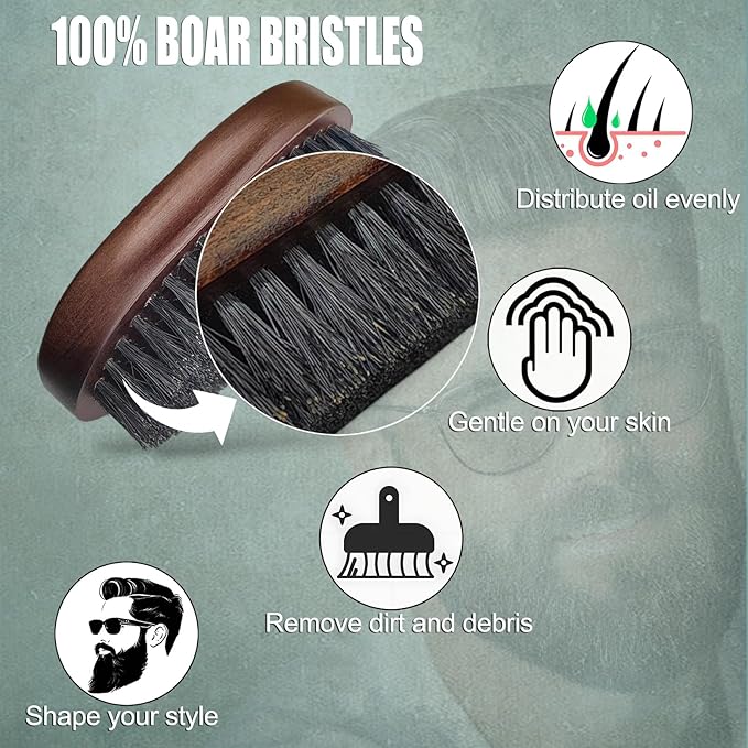 100% Boar Bristle Beard Brush for Man – Retro Wooden Handle, Promotes Beards Growth & Softens, Travel Size
