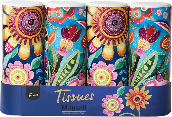 Car Tissues Holder with Facial Tissue, Car Tissue Box, Travel Tissues Cylinder,Suitable for Car Cup Holder(3-ply 4 Pack, 200 Sheets)