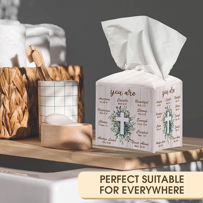 Bible Verse Decorative Tissue Box Cover Square, Leaves Tissue Box Cover Holder, Religious Faith Gift Ideas for Family Friends, Home Dining Table Decor-(5.2 Inches) A02