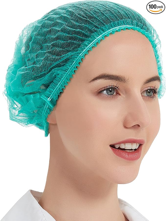 ProtectX 100-Pack Green Disposable Hair Nets, Elastic Head Cover, Bouffant Caps, Sanitation Head Cover for Food Service, Spa Men & Women - 21 inch