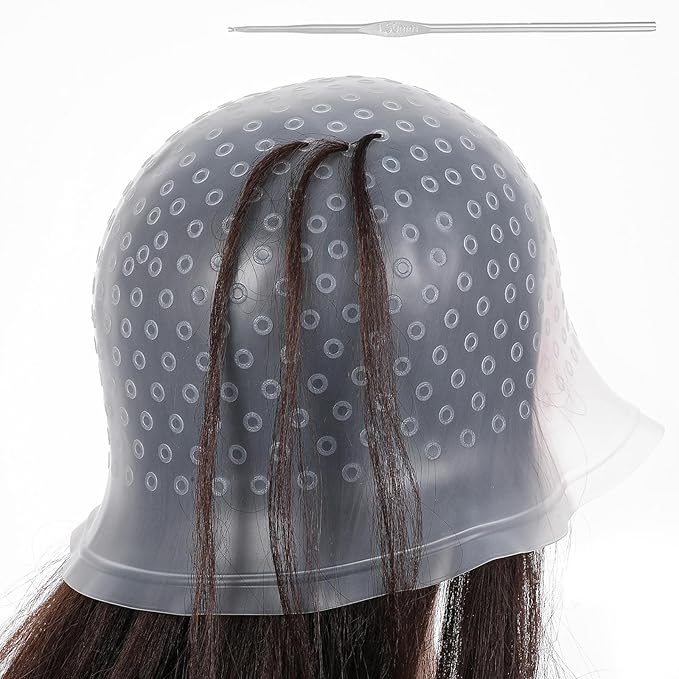Silicone Highlighting Hair Caps with Pre-Cut Holes, Reusable Hair Dye Caps for Professional and DIY Hair Coloring, Includes Hook Needle, Salon Hairdressing Dyeing Staining Tools for Women Men (White)